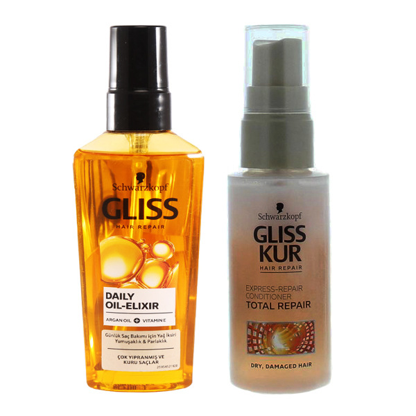 روغن مو گلیس مدل oil elixer حجم 75 میلی لیتر به همراه اسپری مو گلیس مدل total repair حجم 50 میلی لیتر
